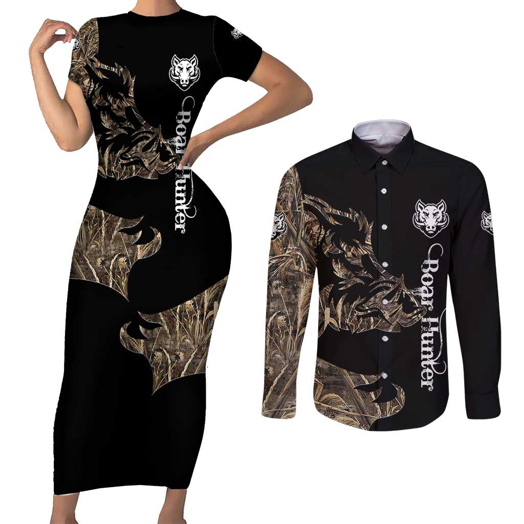 Personalized Boar Hunting Camouflage Couples Matching Short Sleeve Bodycon Dress and Long Sleeve Button Shirt Wild Hog Silhouette and Black Tactical Camo - Wonder Print Shop