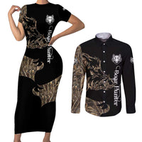 Personalized Boar Hunting Camouflage Couples Matching Short Sleeve Bodycon Dress and Long Sleeve Button Shirt Wild Hog Silhouette and Black Tactical Camo - Wonder Print Shop