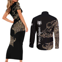 Personalized Boar Hunting Camouflage Couples Matching Short Sleeve Bodycon Dress and Long Sleeve Button Shirt Wild Hog Silhouette and Black Tactical Camo - Wonder Print Shop