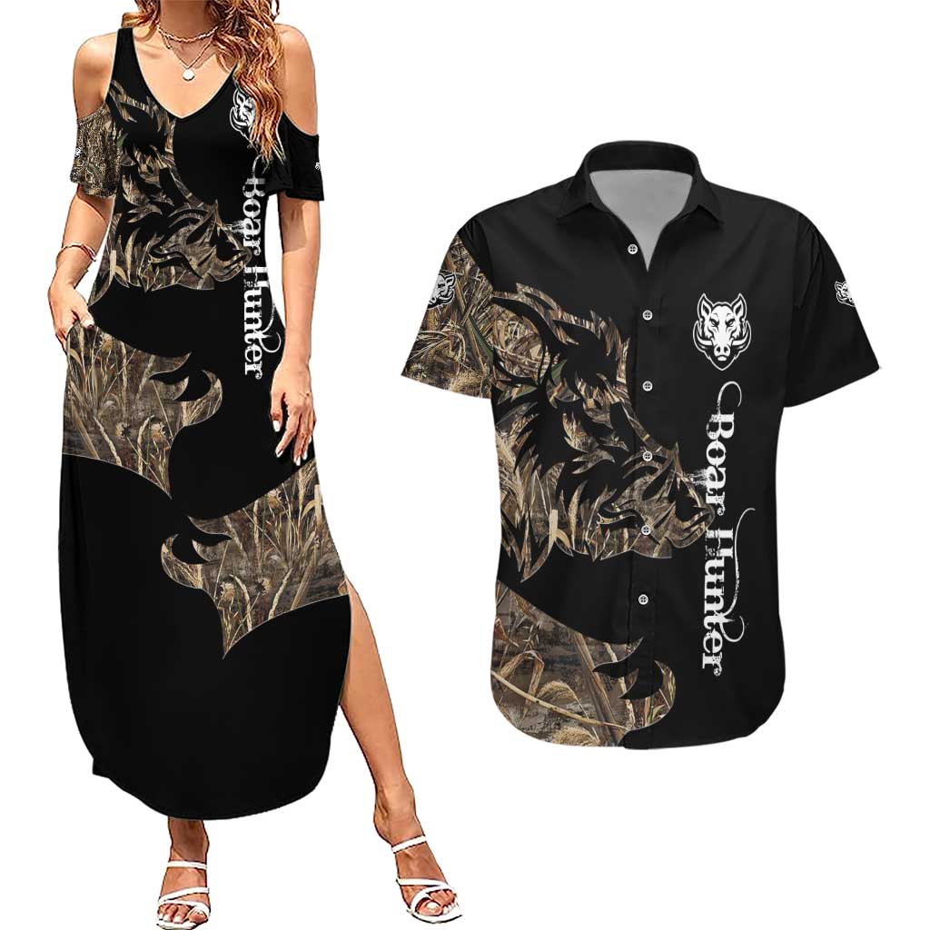 Personalized Boar Hunting Camouflage Couples Matching Summer Maxi Dress and Hawaiian Shirt Wild Hog Silhouette and Black Tactical Camo - Wonder Print Shop