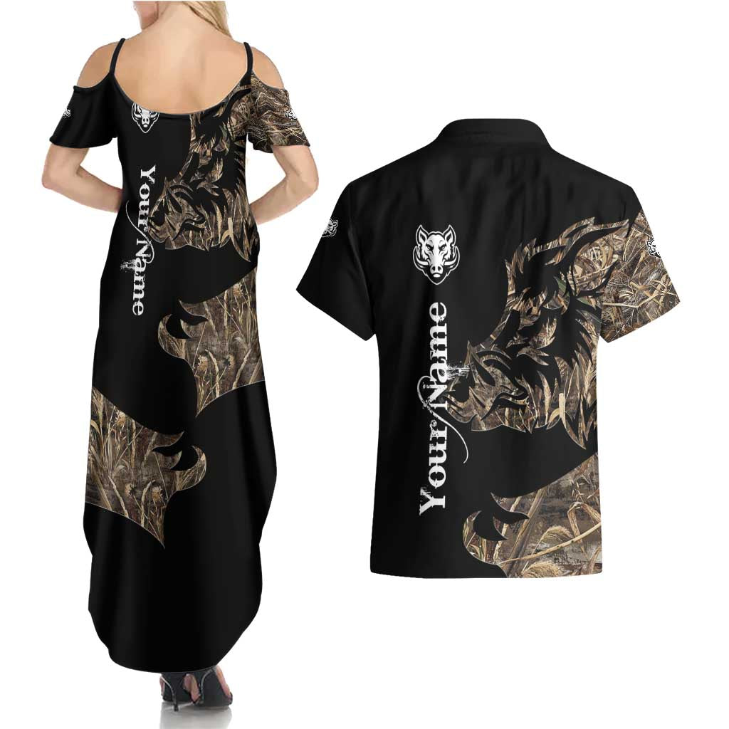 Personalized Boar Hunting Camouflage Couples Matching Summer Maxi Dress and Hawaiian Shirt Wild Hog Silhouette and Black Tactical Camo - Wonder Print Shop