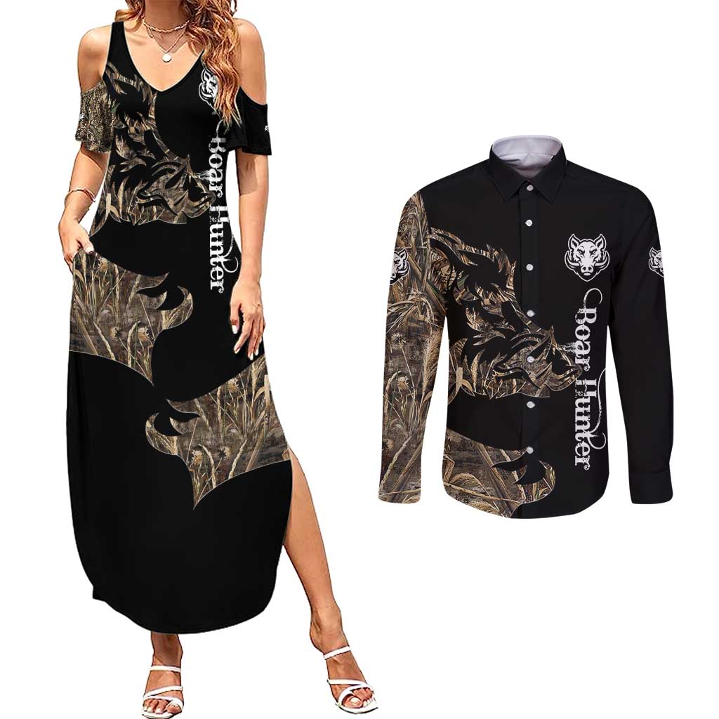 Personalized Boar Hunting Camouflage Couples Matching Summer Maxi Dress and Long Sleeve Button Shirt Wild Hog Silhouette and Black Tactical Camo - Wonder Print Shop