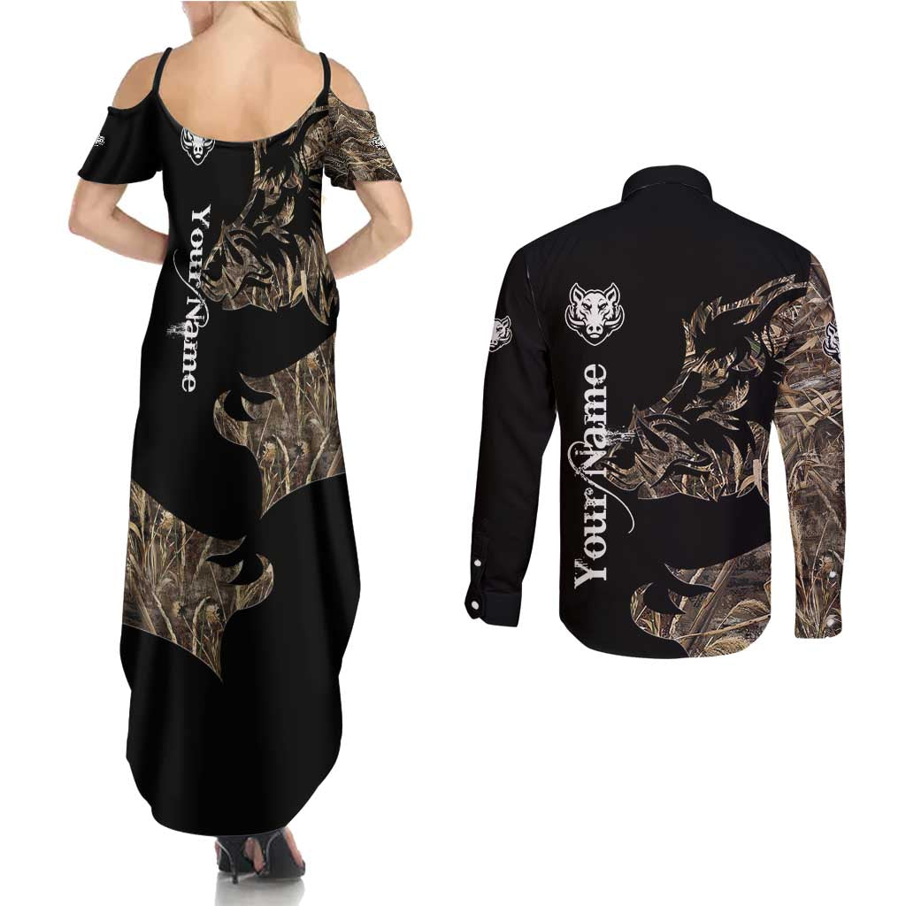 Personalized Boar Hunting Camouflage Couples Matching Summer Maxi Dress and Long Sleeve Button Shirt Wild Hog Silhouette and Black Tactical Camo - Wonder Print Shop