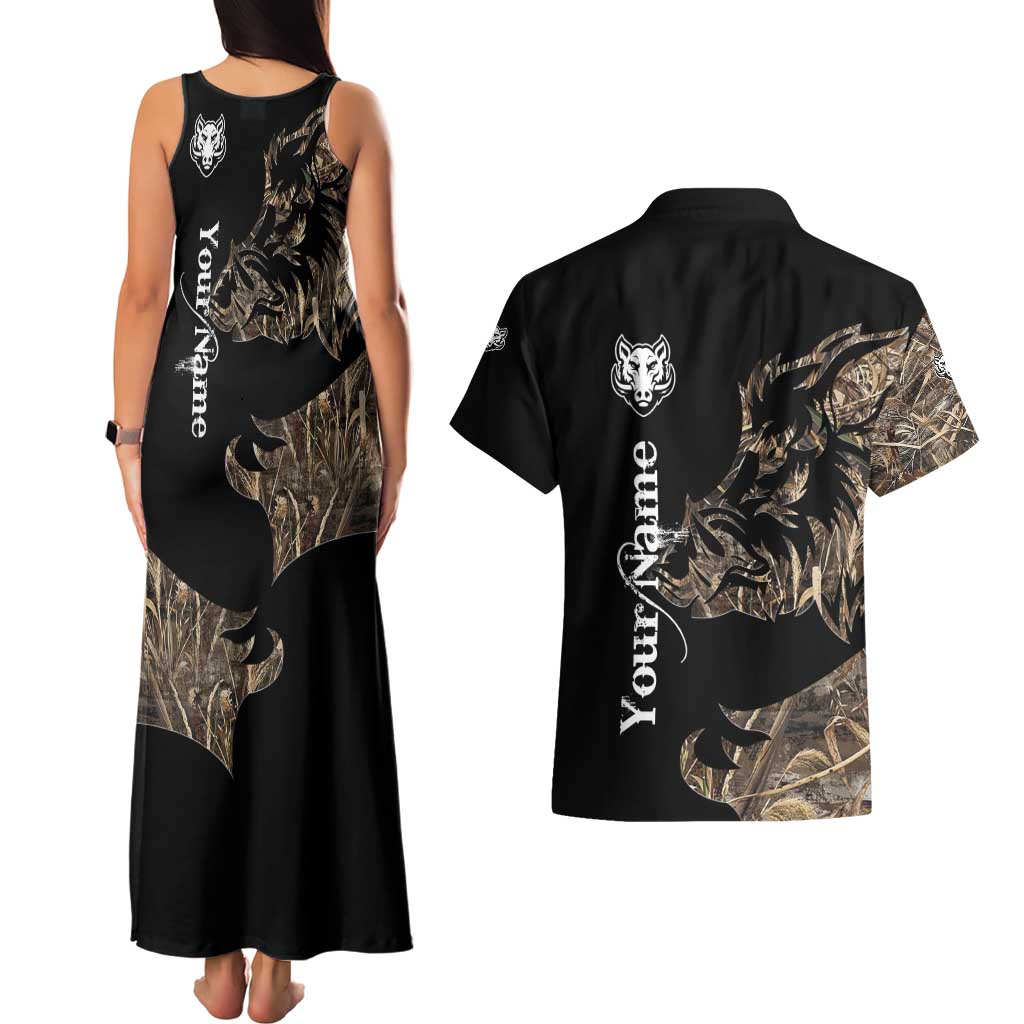 Personalized Boar Hunting Camouflage Couples Matching Tank Maxi Dress and Hawaiian Shirt Wild Hog Silhouette and Black Tactical Camo - Wonder Print Shop