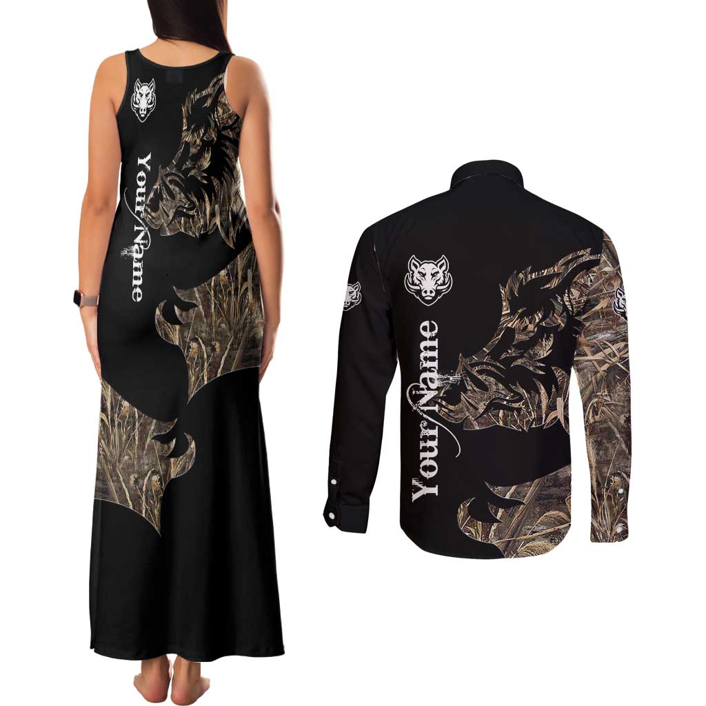 Personalized Boar Hunting Camouflage Couples Matching Tank Maxi Dress and Long Sleeve Button Shirt Wild Hog Silhouette and Black Tactical Camo - Wonder Print Shop