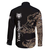 Personalized Boar Hunting Camouflage Family Matching Long Sleeve Bodycon Dress and Hawaiian Shirt Wild Hog Silhouette and Black Tactical Camo - Wonder Print Shop