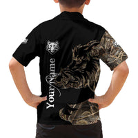 Personalized Boar Hunting Camouflage Family Matching Off The Shoulder Long Sleeve Dress and Hawaiian Shirt Wild Hog Silhouette and Black Tactical Camo - Wonder Print Shop