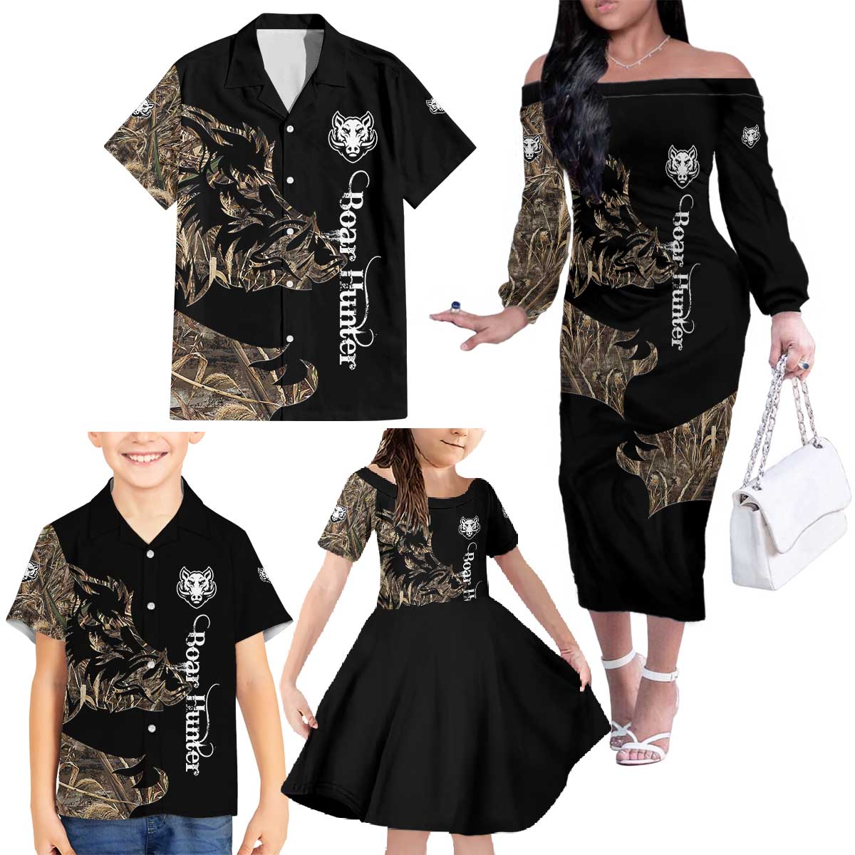 Personalized Boar Hunting Camouflage Family Matching Off The Shoulder Long Sleeve Dress and Hawaiian Shirt Wild Hog Silhouette and Black Tactical Camo - Wonder Print Shop