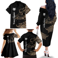 Personalized Boar Hunting Camouflage Family Matching Off The Shoulder Long Sleeve Dress and Hawaiian Shirt Wild Hog Silhouette and Black Tactical Camo - Wonder Print Shop
