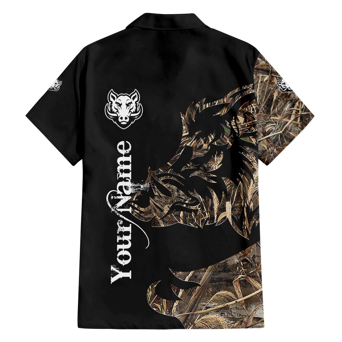 Personalized Boar Hunting Camouflage Family Matching Off The Shoulder Long Sleeve Dress and Hawaiian Shirt Wild Hog Silhouette and Black Tactical Camo - Wonder Print Shop
