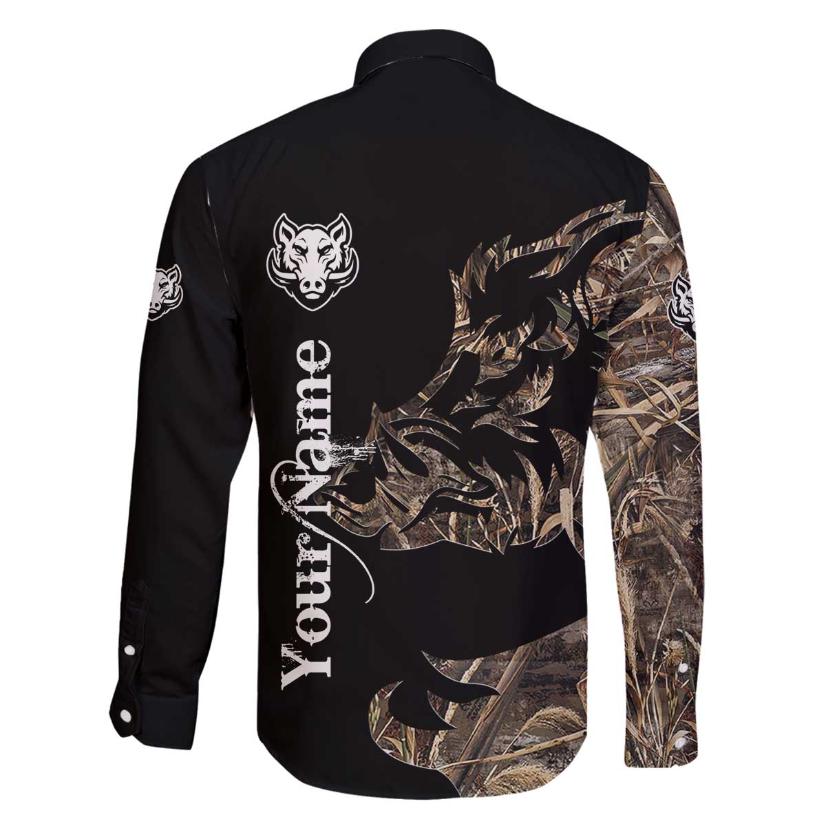 Personalized Boar Hunting Camouflage Family Matching Off The Shoulder Long Sleeve Dress and Hawaiian Shirt Wild Hog Silhouette and Black Tactical Camo - Wonder Print Shop