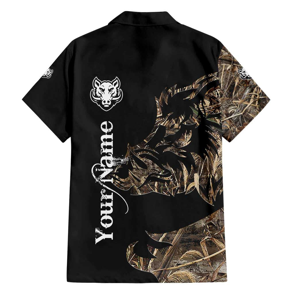 Personalized Boar Hunting Camouflage Family Matching Off Shoulder Maxi Dress and Hawaiian Shirt Wild Hog Silhouette and Black Tactical Camo - Wonder Print Shop