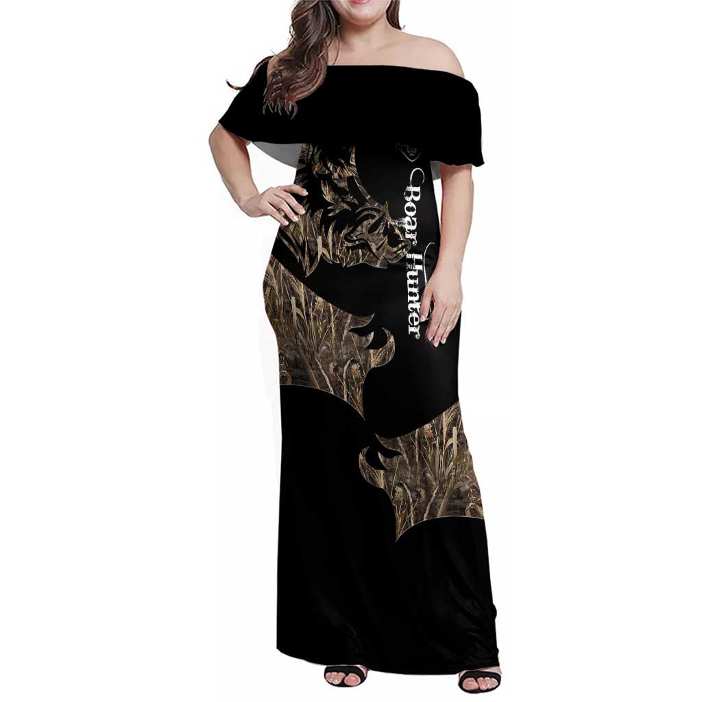 Personalized Boar Hunting Camouflage Family Matching Off Shoulder Maxi Dress and Hawaiian Shirt Wild Hog Silhouette and Black Tactical Camo - Wonder Print Shop