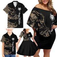 Personalized Boar Hunting Camouflage Family Matching Off Shoulder Short Dress and Hawaiian Shirt Wild Hog Silhouette and Black Tactical Camo - Wonder Print Shop