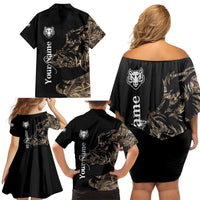 Personalized Boar Hunting Camouflage Family Matching Off Shoulder Short Dress and Hawaiian Shirt Wild Hog Silhouette and Black Tactical Camo - Wonder Print Shop
