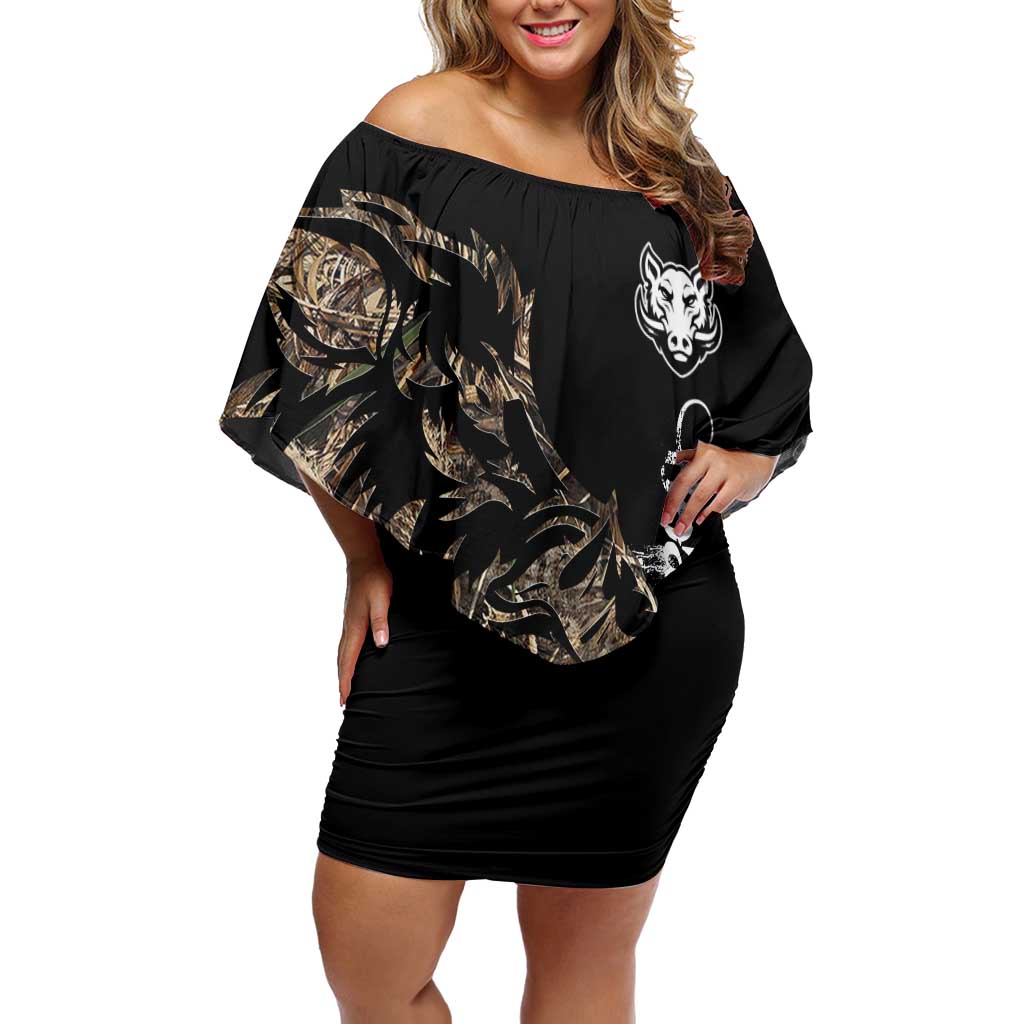 Personalized Boar Hunting Camouflage Family Matching Off Shoulder Short Dress and Hawaiian Shirt Wild Hog Silhouette and Black Tactical Camo - Wonder Print Shop
