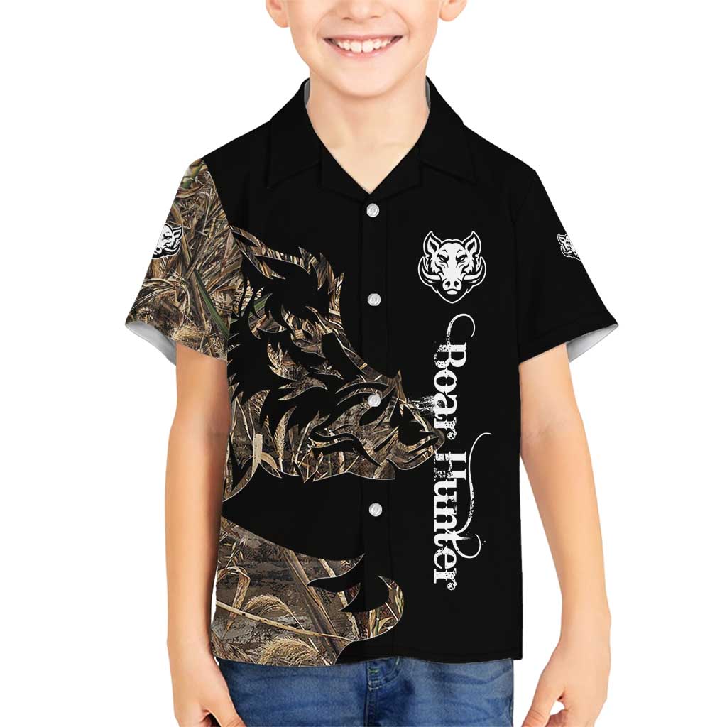 Personalized Boar Hunting Camouflage Family Matching Off Shoulder Short Dress and Hawaiian Shirt Wild Hog Silhouette and Black Tactical Camo - Wonder Print Shop