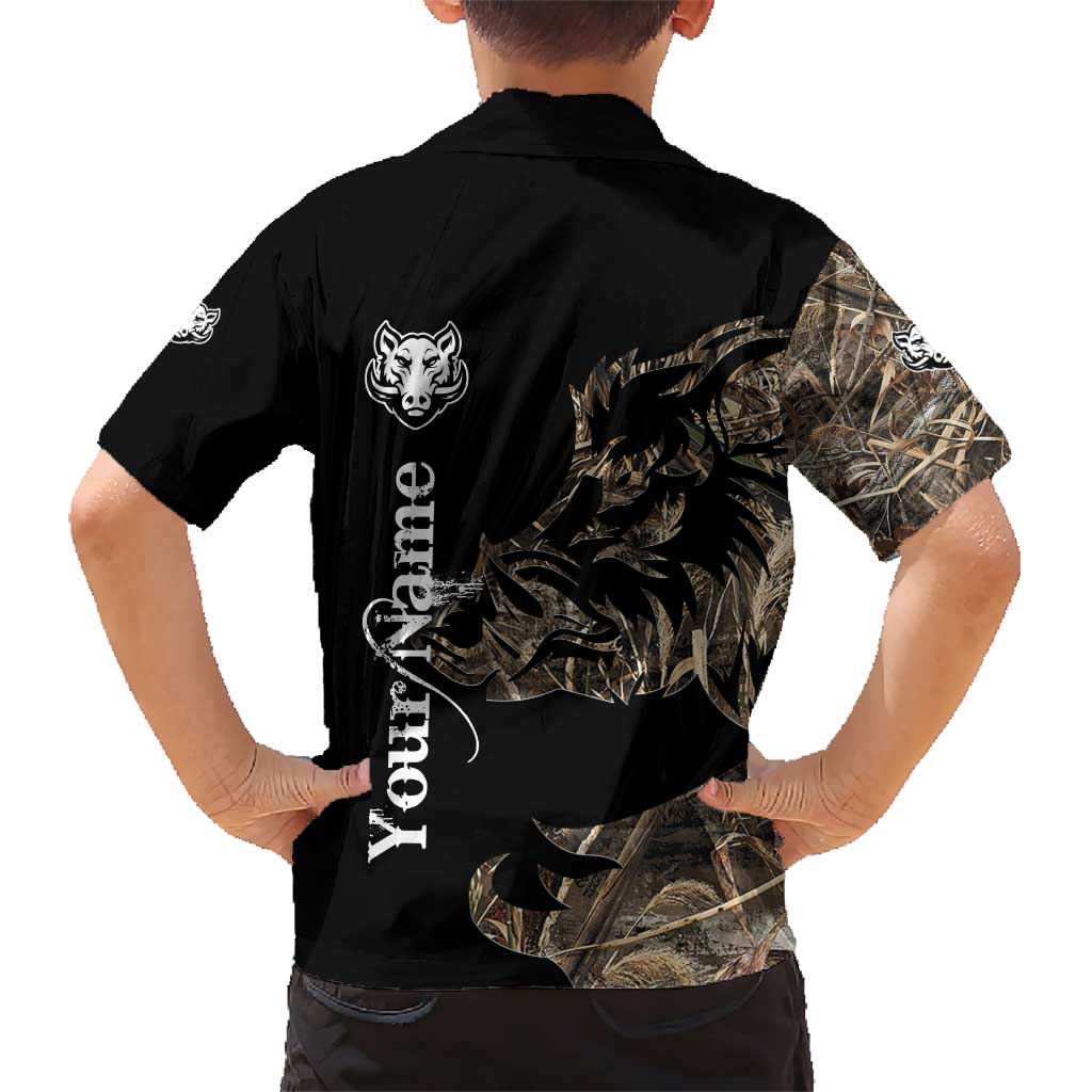 Personalized Boar Hunting Camouflage Family Matching Short Sleeve Bodycon Dress and Hawaiian Shirt Wild Hog Silhouette and Black Tactical Camo - Wonder Print Shop