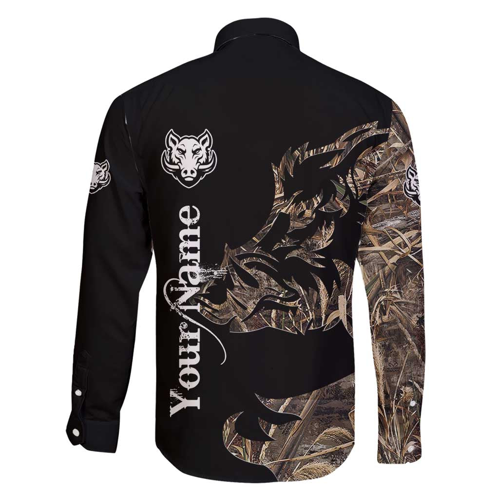 Personalized Boar Hunting Camouflage Family Matching Short Sleeve Bodycon Dress and Hawaiian Shirt Wild Hog Silhouette and Black Tactical Camo - Wonder Print Shop