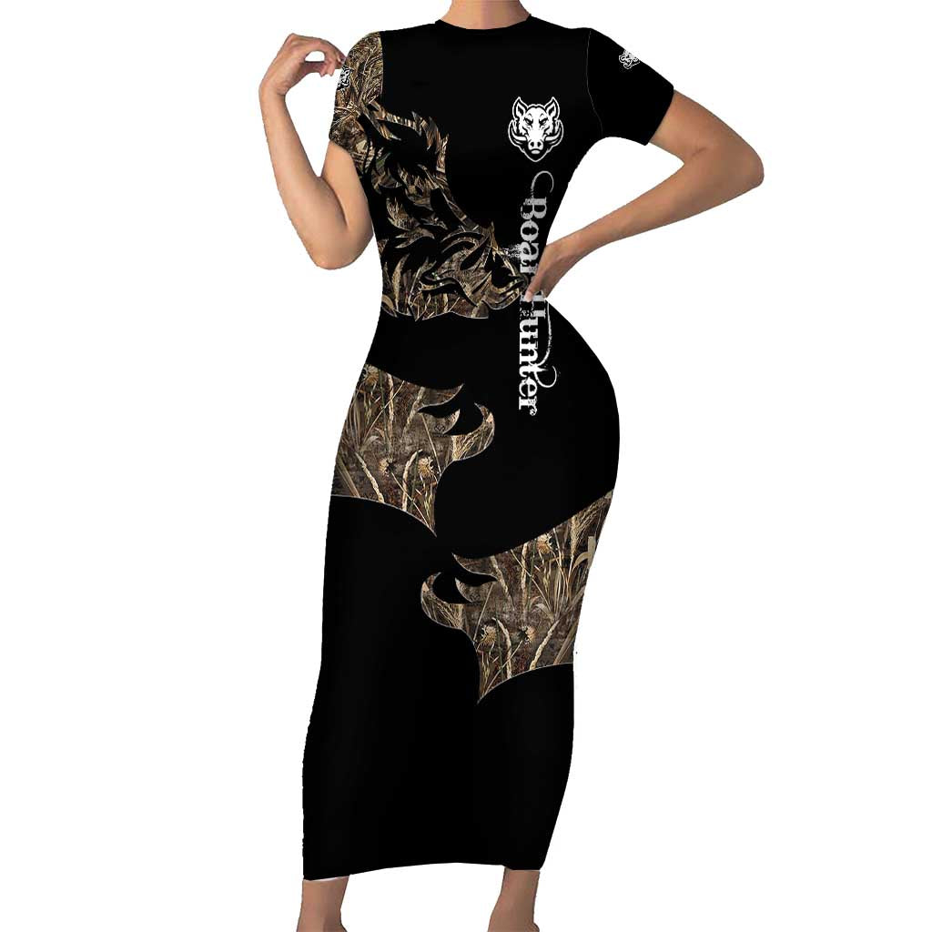 Personalized Boar Hunting Camouflage Family Matching Short Sleeve Bodycon Dress and Hawaiian Shirt Wild Hog Silhouette and Black Tactical Camo - Wonder Print Shop