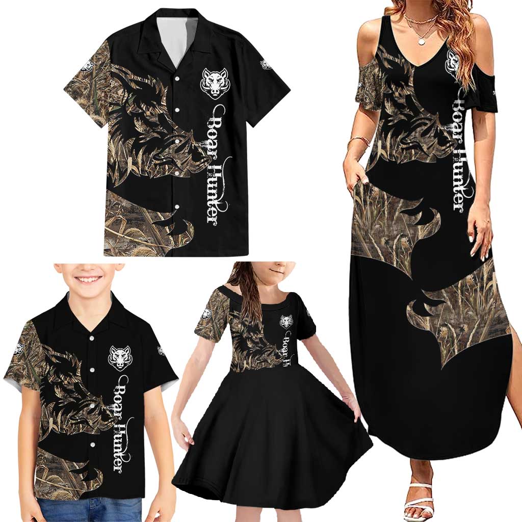 Personalized Boar Hunting Camouflage Family Matching Summer Maxi Dress and Hawaiian Shirt Wild Hog Silhouette and Black Tactical Camo - Wonder Print Shop