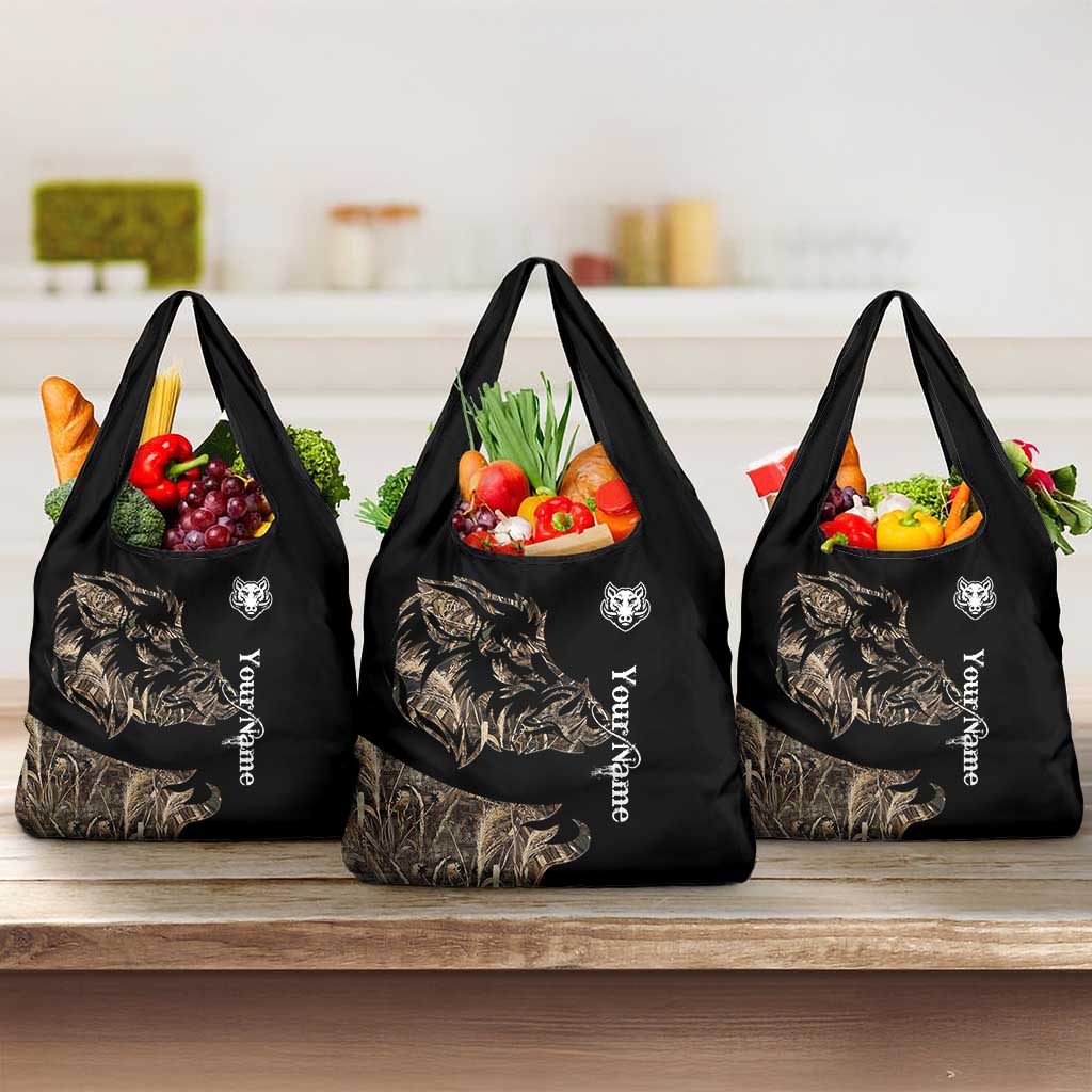 Personalized Boar Hunting Camouflage Grocery Bag Wild Hog Silhouette and Black Tactical Camo - Wonder Print Shop