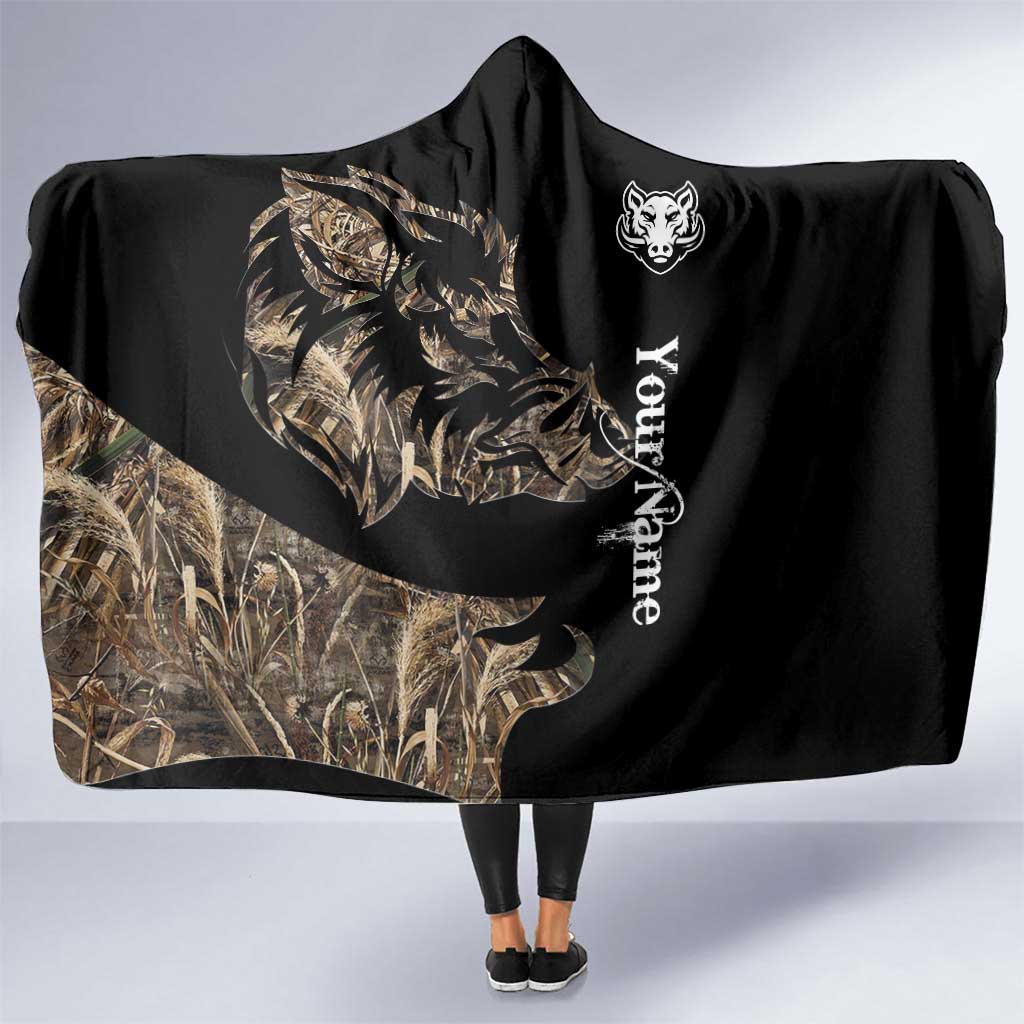 Personalized Boar Hunting Camouflage Hooded Blanket Wild Hog Silhouette and Black Tactical Camo - Wonder Print Shop