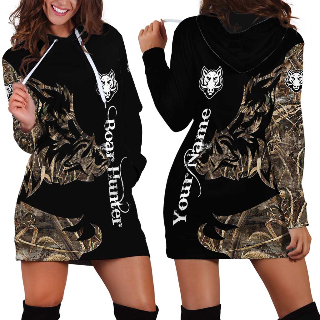 Personalized Boar Hunting Camouflage Hoodie Dress Wild Hog Silhouette and Black Tactical Camo - Wonder Print Shop
