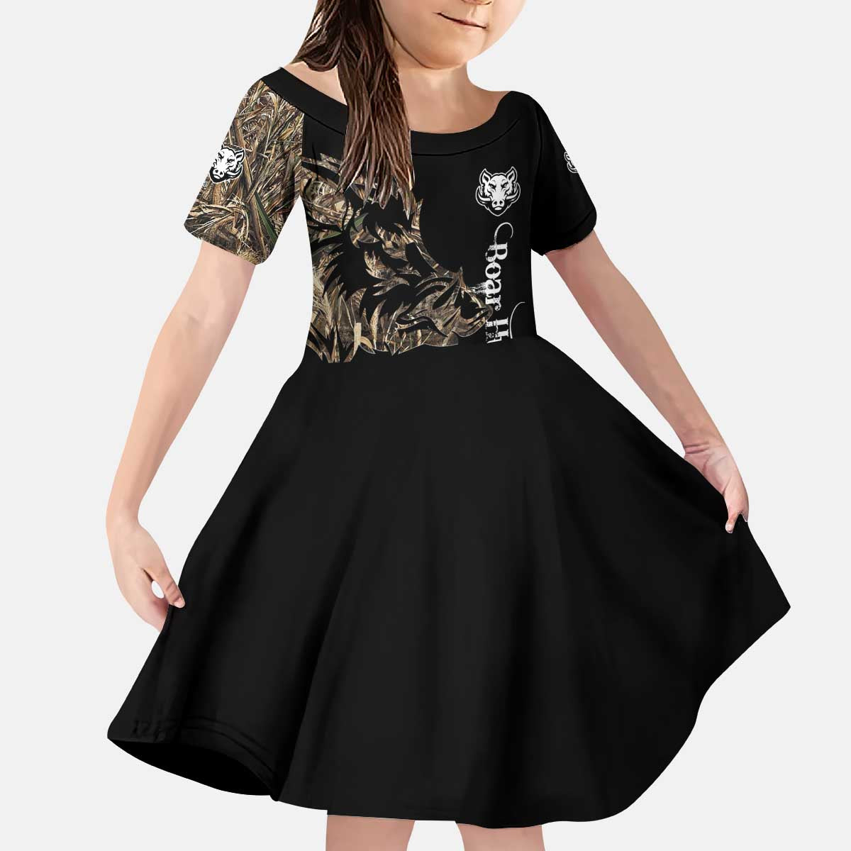 Personalized Boar Hunting Camouflage Kid Short Sleeve Dress Wild Hog Silhouette and Black Tactical Camo - Wonder Print Shop