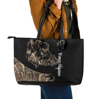 Personalized Boar Hunting Camouflage Leather Tote Bag Wild Hog Silhouette and Black Tactical Camo - Wonder Print Shop