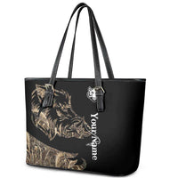 Personalized Boar Hunting Camouflage Leather Tote Bag Wild Hog Silhouette and Black Tactical Camo - Wonder Print Shop
