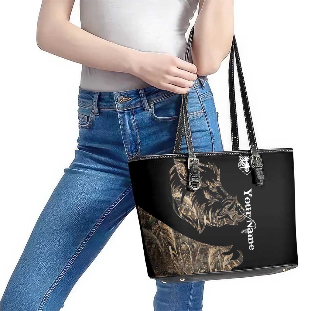 Personalized Boar Hunting Camouflage Leather Tote Bag Wild Hog Silhouette and Black Tactical Camo - Wonder Print Shop