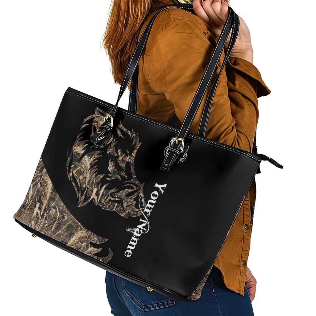 Personalized Boar Hunting Camouflage Leather Tote Bag Wild Hog Silhouette and Black Tactical Camo - Wonder Print Shop