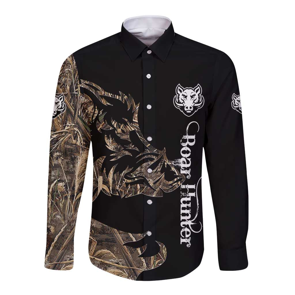 Personalized Boar Hunting Camouflage Long Sleeve Button Shirt Wild Hog Silhouette and Black Tactical Camo - Wonder Print Shop