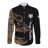 Personalized Boar Hunting Camouflage Long Sleeve Button Shirt Wild Hog Silhouette and Black Tactical Camo - Wonder Print Shop