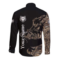 Personalized Boar Hunting Camouflage Long Sleeve Button Shirt Wild Hog Silhouette and Black Tactical Camo - Wonder Print Shop