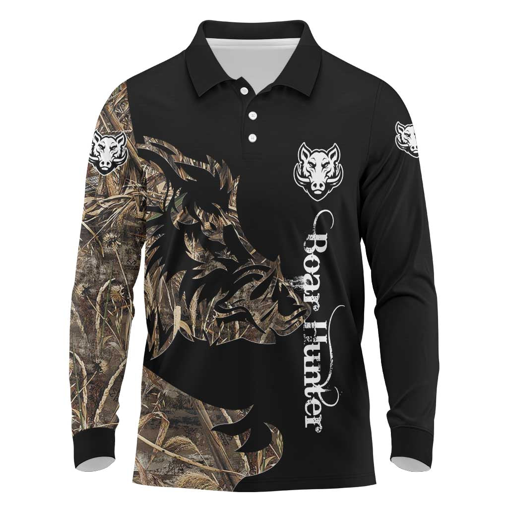 Personalized Boar Hunting Camouflage Long Sleeve Polo Shirt Wild Hog Silhouette and Black Tactical Camo - Wonder Print Shop