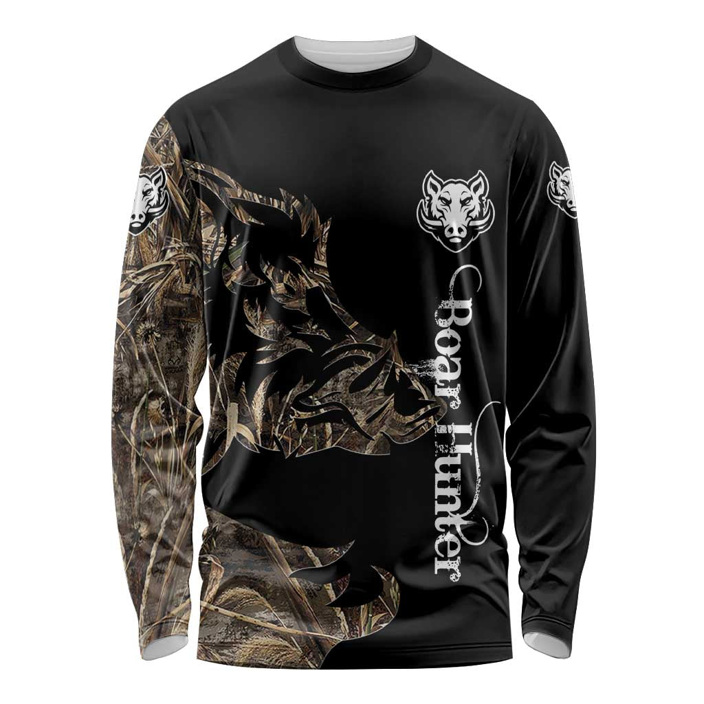 Personalized Boar Hunting Camouflage Long Sleeve Shirt Wild Hog Silhouette and Black Tactical Camo - Wonder Print Shop