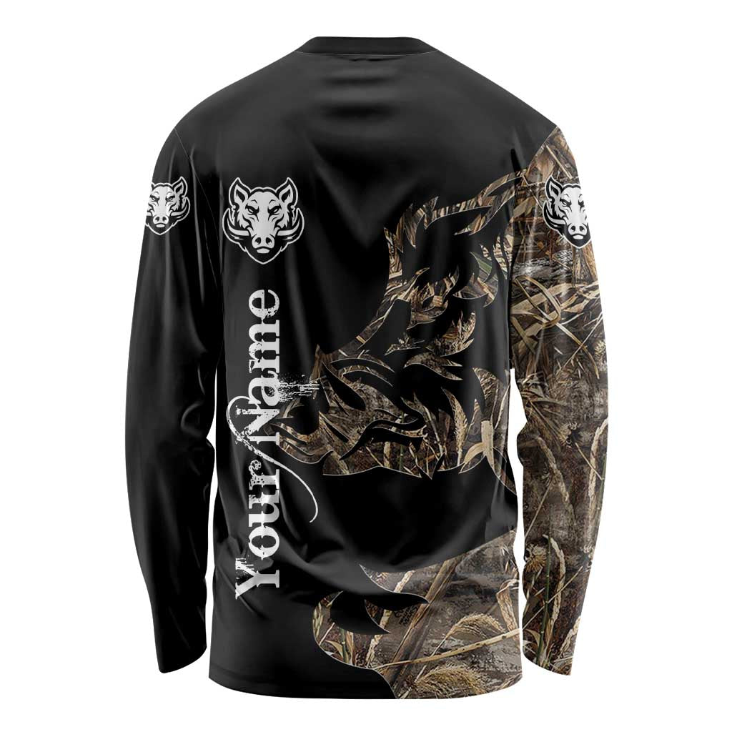 Personalized Boar Hunting Camouflage Long Sleeve Shirt Wild Hog Silhouette and Black Tactical Camo - Wonder Print Shop