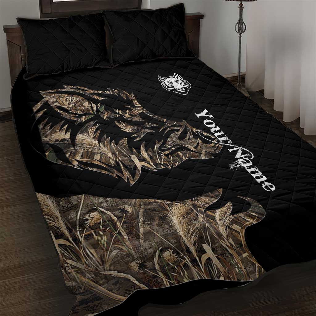 Personalized Boar Hunting Camouflage Quilt Bed Set Wild Hog Silhouette and Black Tactical Camo - Wonder Print Shop