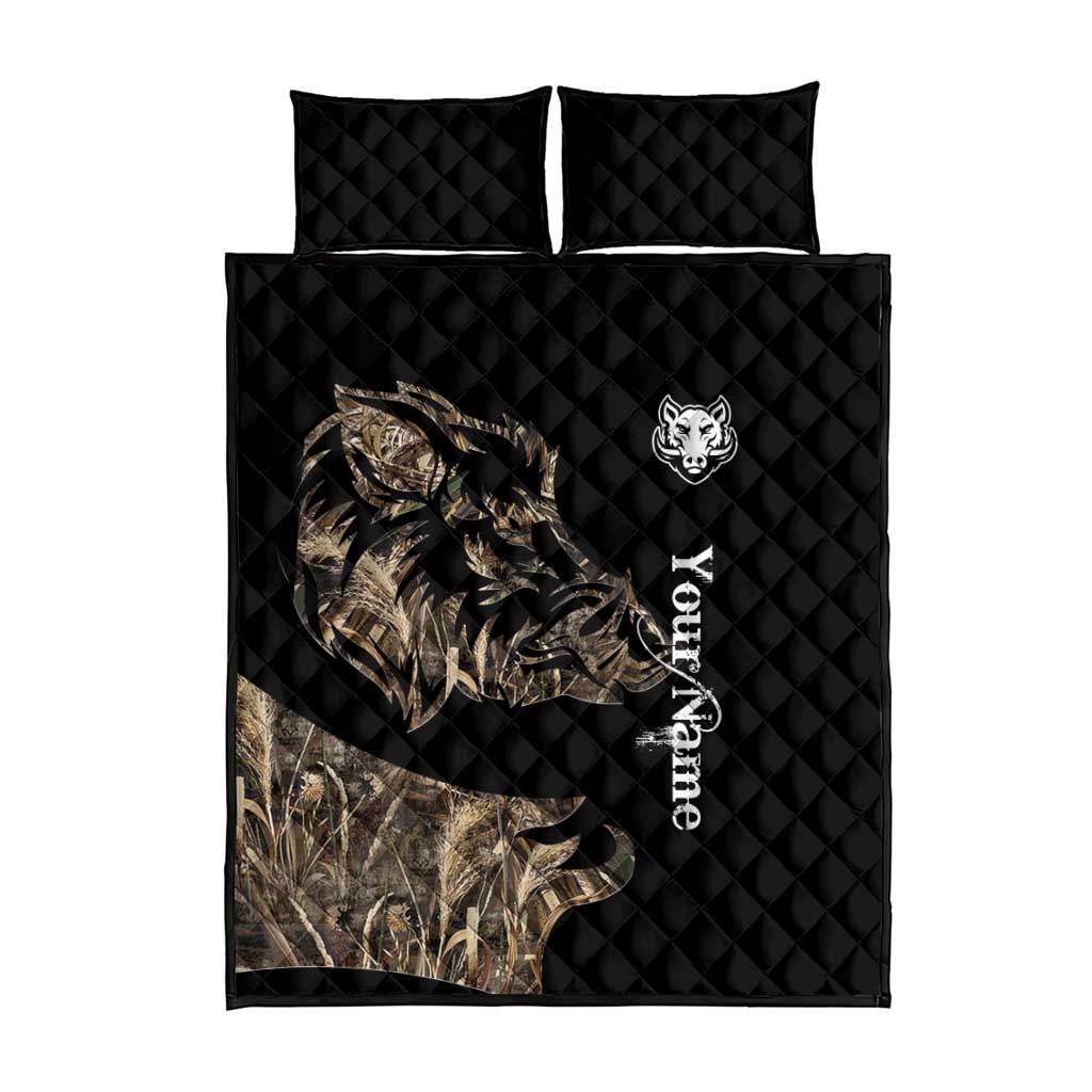 Personalized Boar Hunting Camouflage Quilt Bed Set Wild Hog Silhouette and Black Tactical Camo - Wonder Print Shop