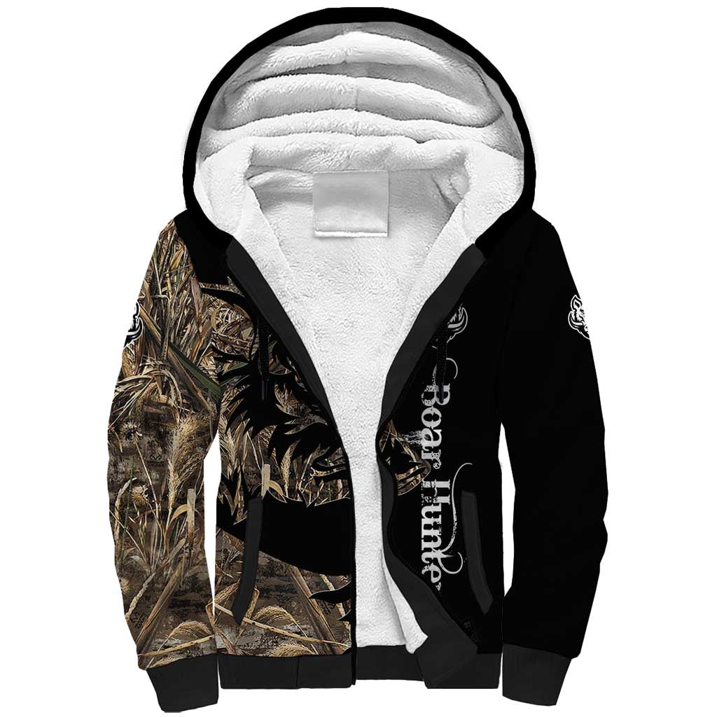 Personalized Boar Hunting Camouflage Sherpa Hoodie Wild Hog Silhouette and Black Tactical Camo - Wonder Print Shop