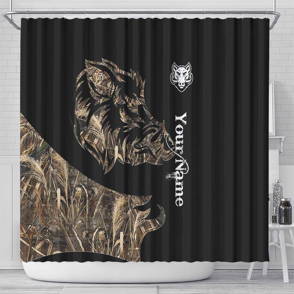 Personalized Boar Hunting Camouflage Shower Curtain Wild Hog Silhouette and Black Tactical Camo - Wonder Print Shop