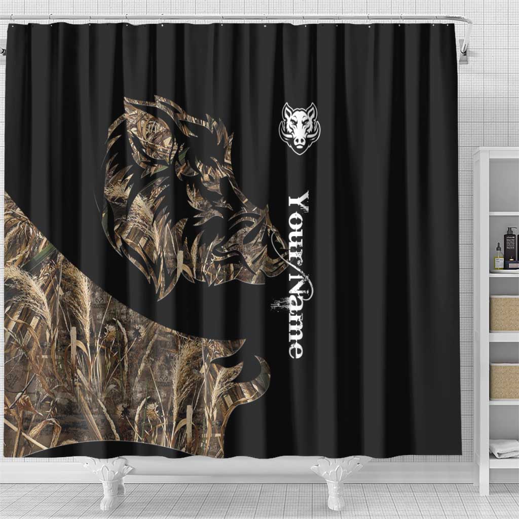 Personalized Boar Hunting Camouflage Shower Curtain Wild Hog Silhouette and Black Tactical Camo - Wonder Print Shop