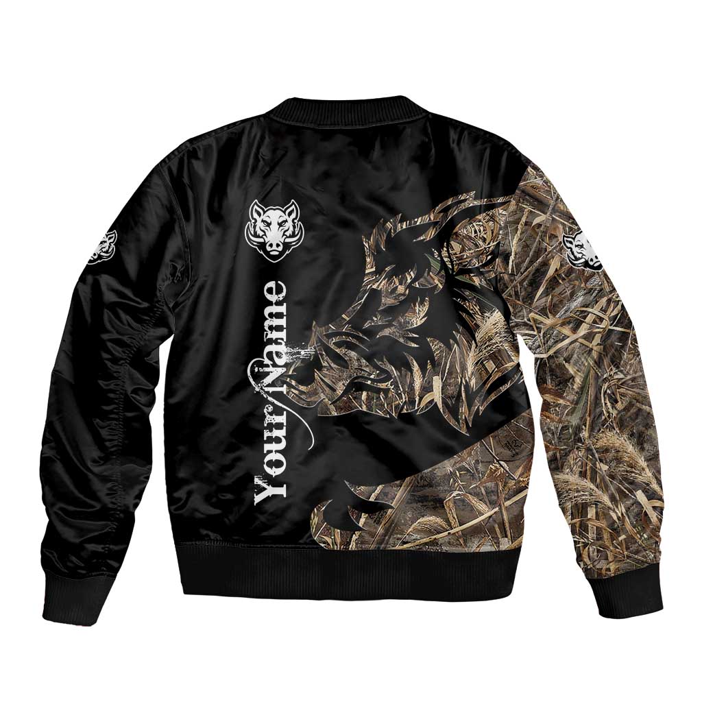 Personalized Boar Hunting Camouflage Sleeve Zip Bomber Jacket Wild Hog Silhouette and Black Tactical Camo - Wonder Print Shop