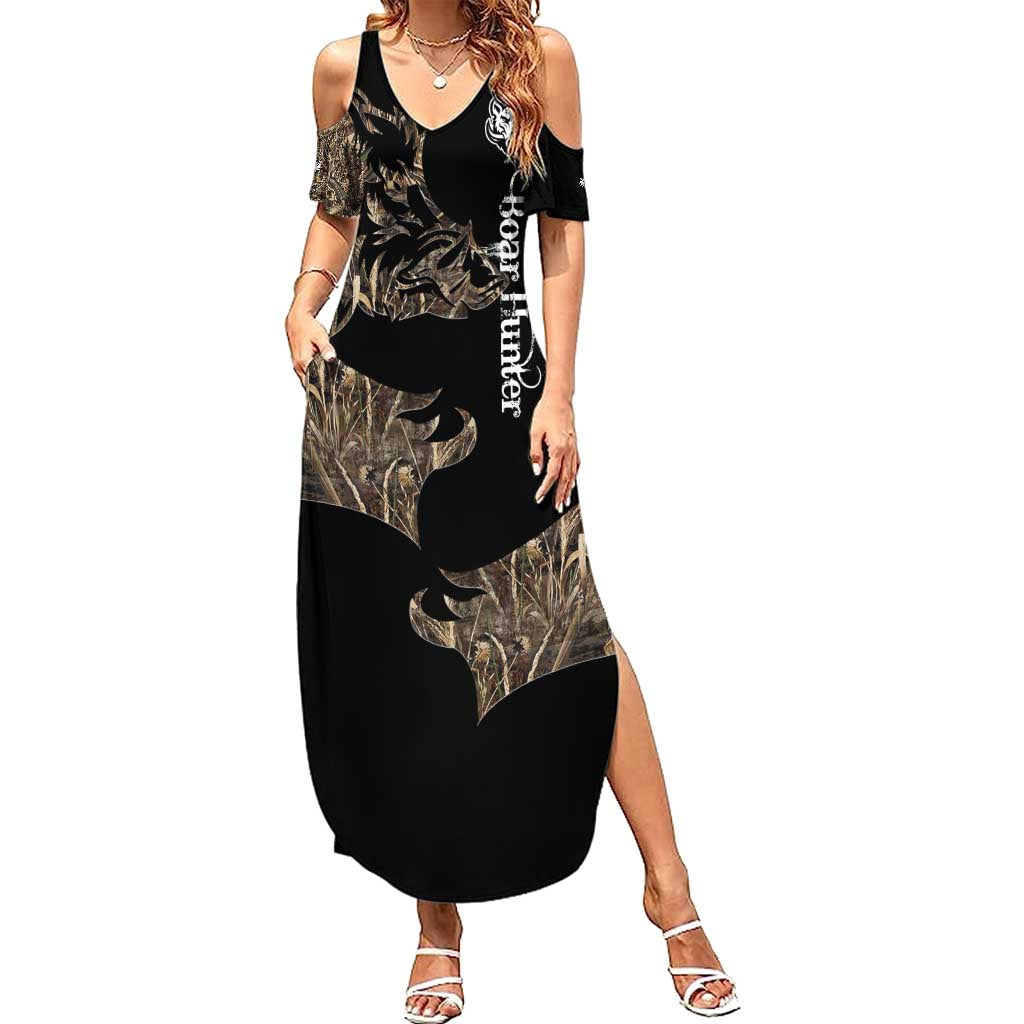 Personalized Boar Hunting Camouflage Summer Maxi Dress Wild Hog Silhouette and Black Tactical Camo - Wonder Print Shop
