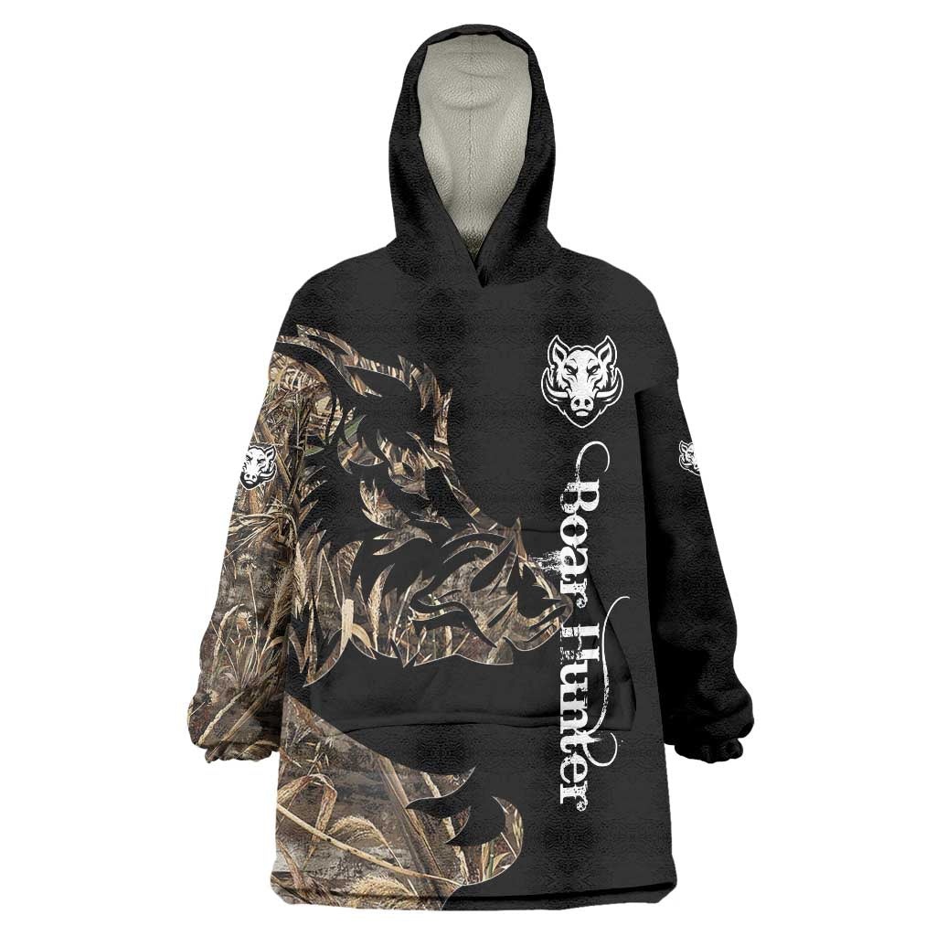 Personalized Boar Hunting Camouflage Wearable Blanket Hoodie Wild Hog Silhouette and Black Tactical Camo - Wonder Print Shop