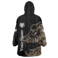 Personalized Boar Hunting Camouflage Wearable Blanket Hoodie Wild Hog Silhouette and Black Tactical Camo - Wonder Print Shop
