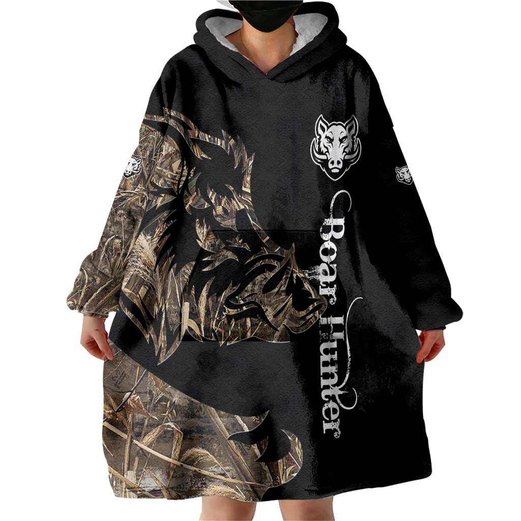 Personalized Boar Hunting Camouflage Wearable Blanket Hoodie Wild Hog Silhouette and Black Tactical Camo - Wonder Print Shop