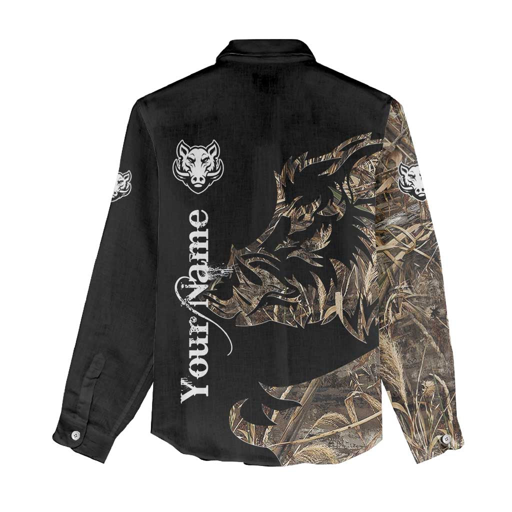 Personalized Boar Hunting Camouflage Women Casual Shirt Wild Hog Silhouette and Black Tactical Camo - Wonder Print Shop
